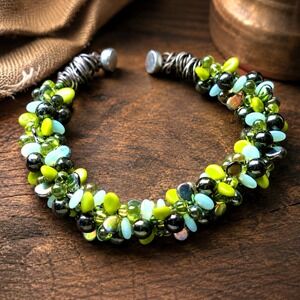 Handmade Kumihimo Bracelet Green Czech Glass Mixed Beads Magnetic Clasp